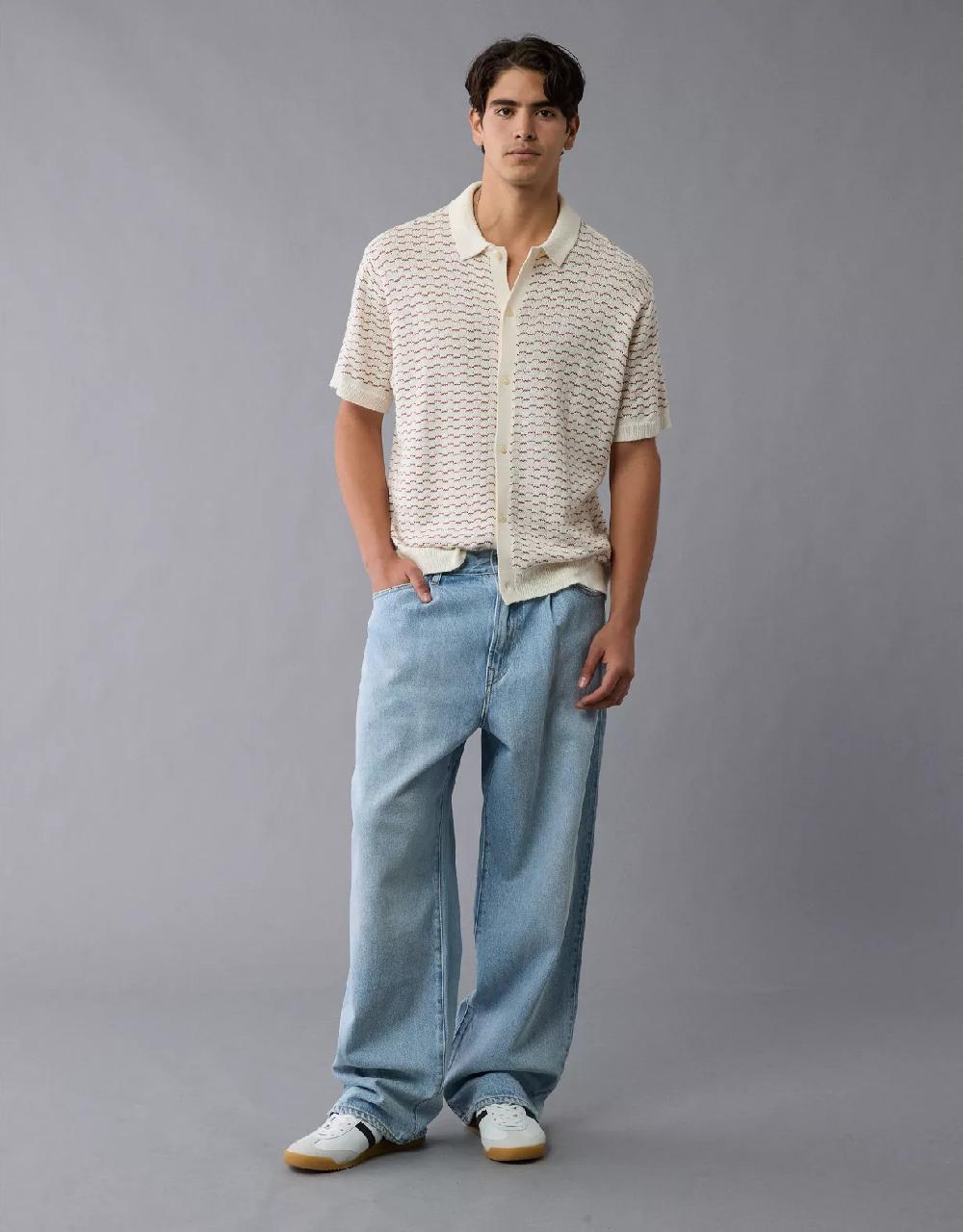 aeo AE Weekend Striped Button-Up Sweater Polo Shirt