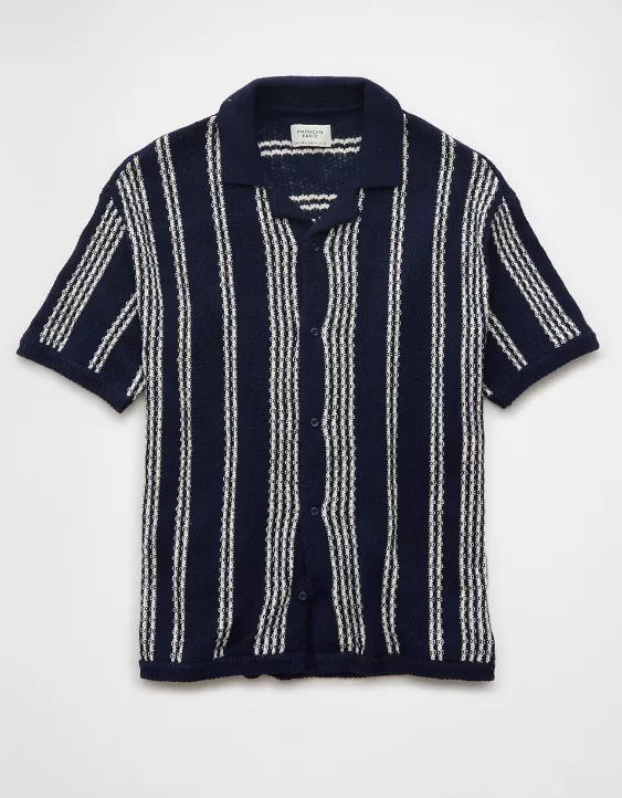 Aeo AE Weekend Striped Button-Up Sweater Polo Shirt