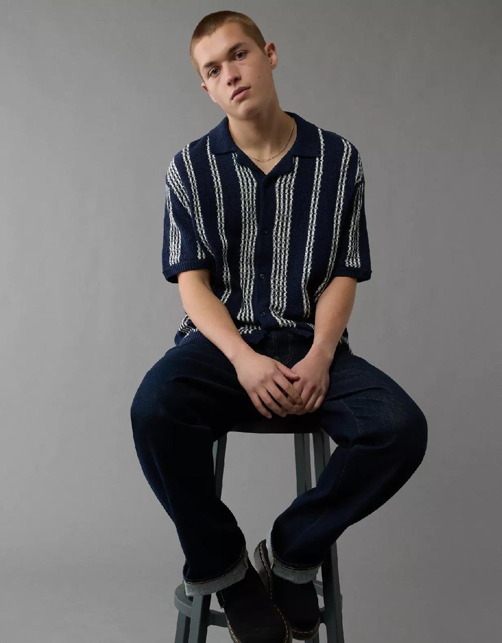 aeo AE Weekend Striped Button-Up Sweater Polo Shirt