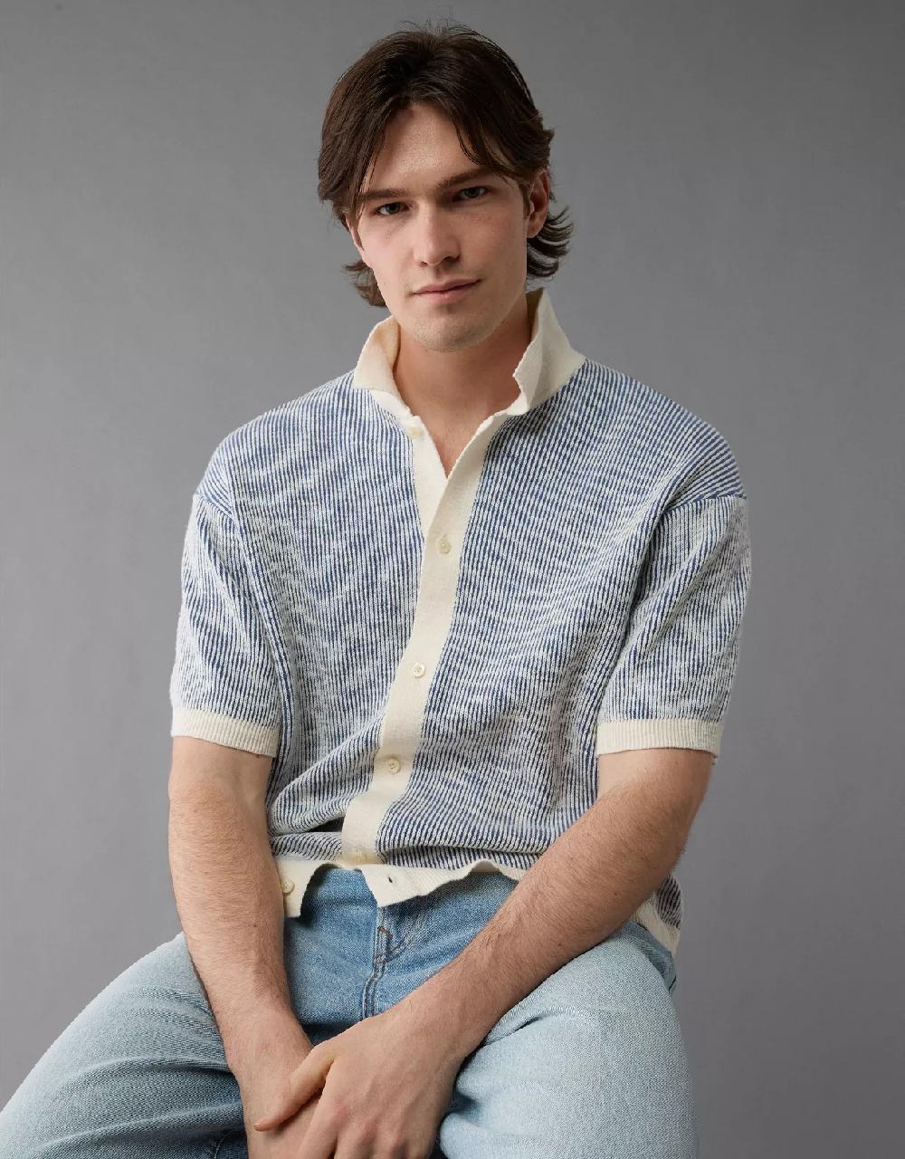 aeo AE Weekend Striped Button-Up Sweater Polo Shirt