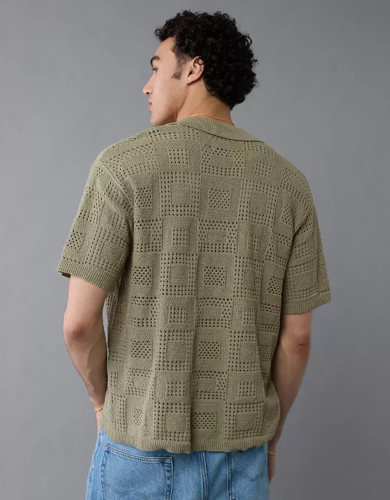 Aeo AE Weekend Textured Checkerboard Button-Up Sweater Polo Shirt