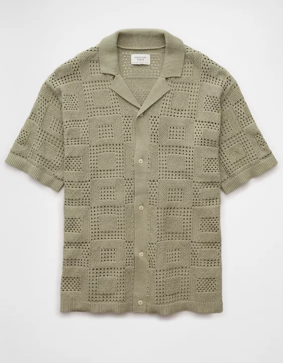 Aeo AE Weekend Textured Checkerboard Button-Up Sweater Polo Shirt