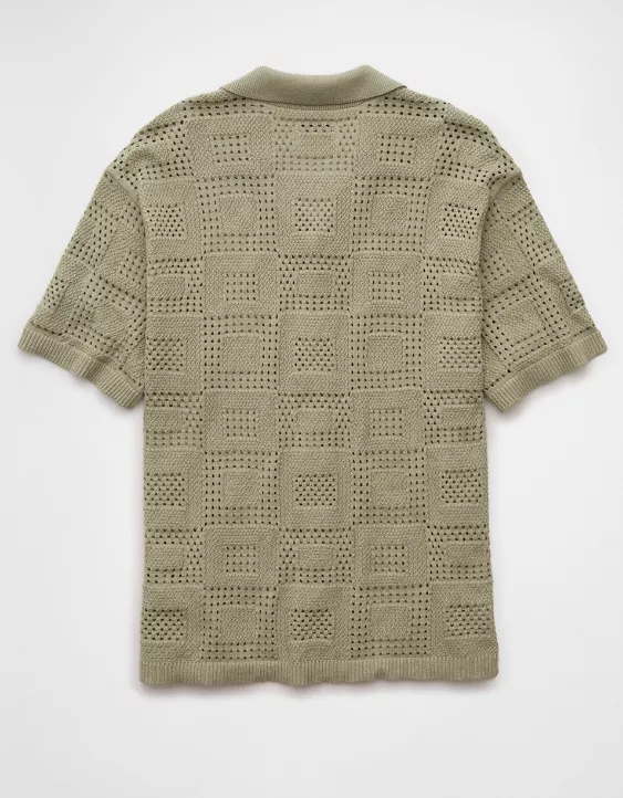 Aeo AE Weekend Textured Checkerboard Button-Up Sweater Polo Shirt