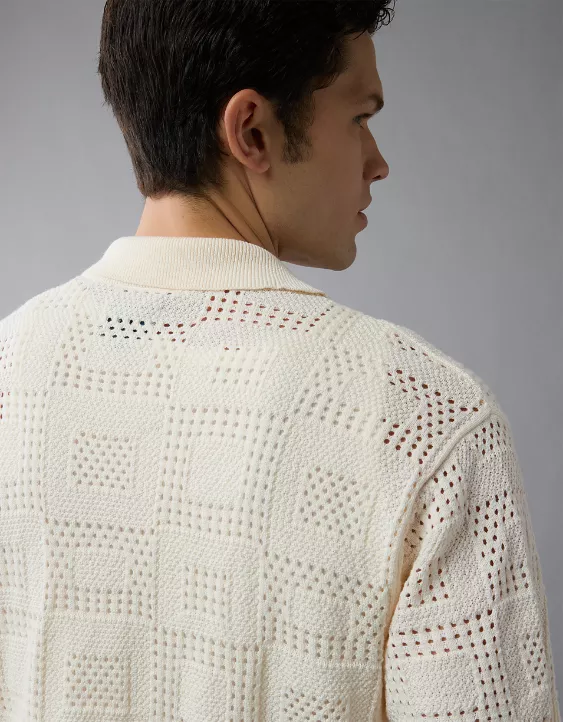 Aeo AE Weekend Textured Checkerboard Button-Up Sweater Polo Shirt