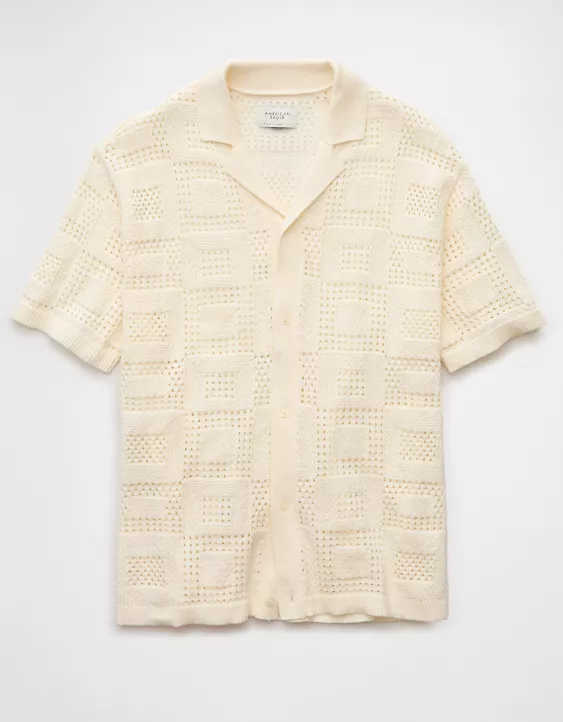 Aeo AE Weekend Textured Checkerboard Button-Up Sweater Polo Shirt
