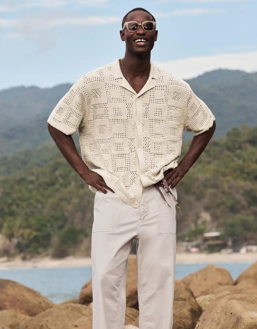 aeo AE Weekend Textured Checkerboard Button-Up Sweater Polo Shirt