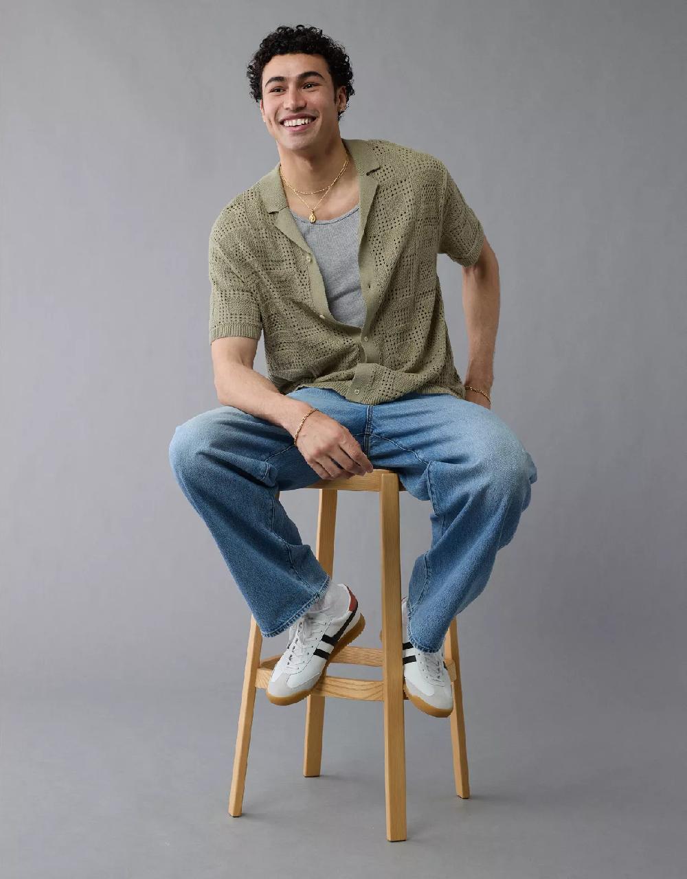 aeo AE Weekend Textured Checkerboard Button-Up Sweater Polo Shirt