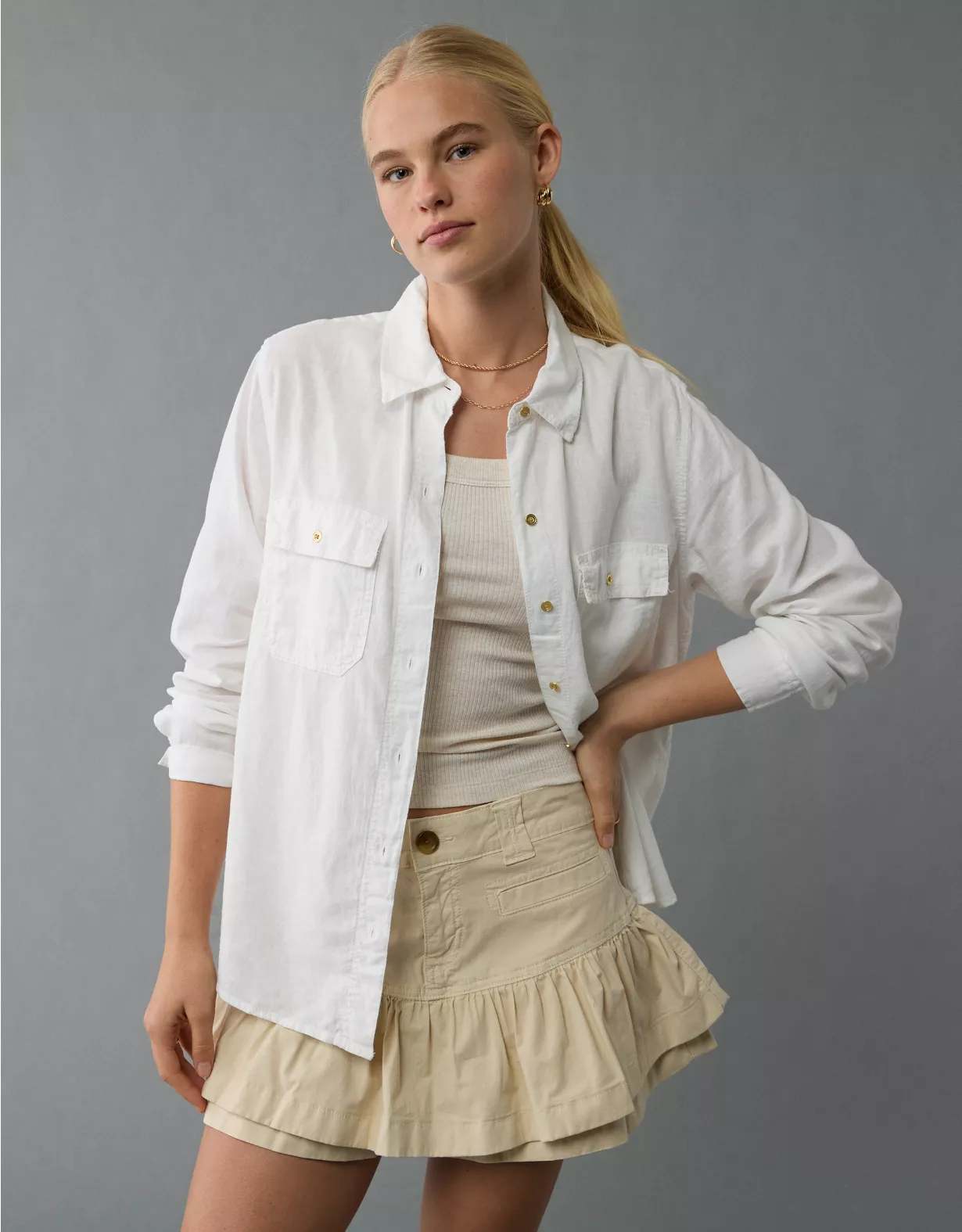 aeo AE Weekend Vibes Linen-Blend Long-Sleeve Button-Up Shirt