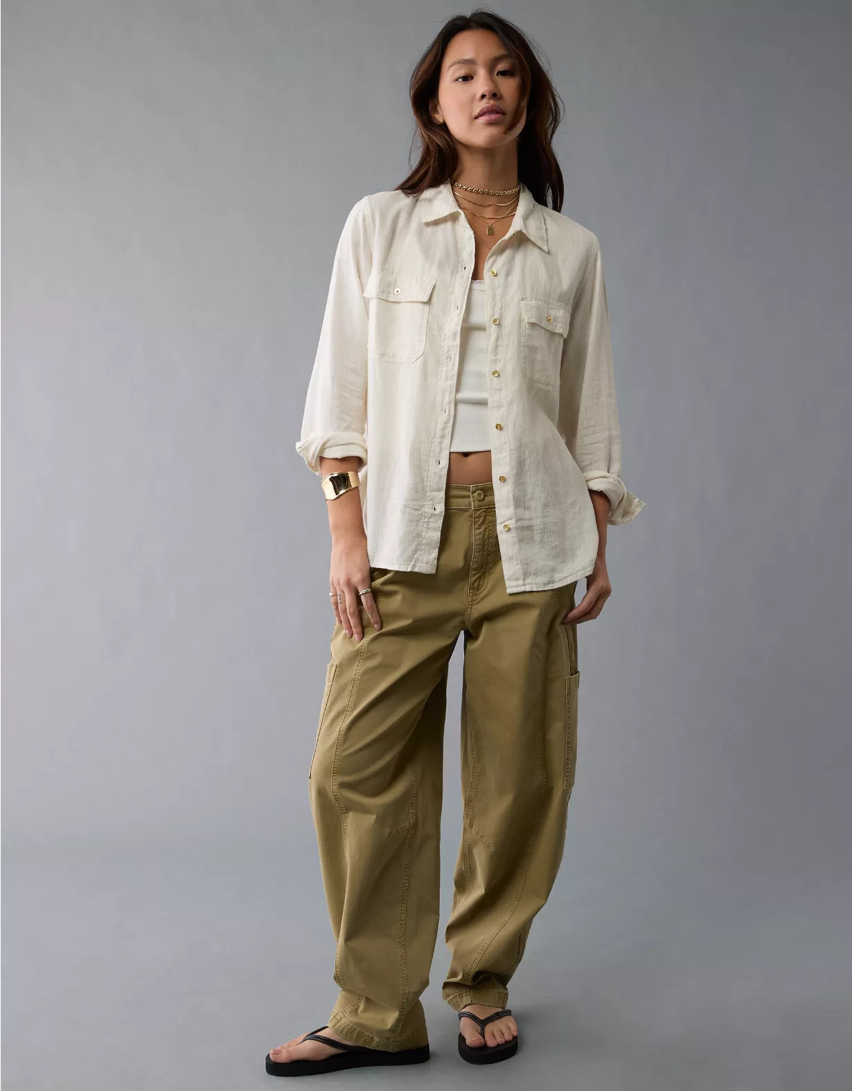 aeo AE Weekend Vibes Linen-Blend Long-Sleeve Button-Up Shirt