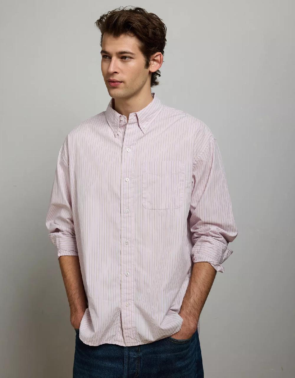 aeo AE77 Premium Relaxed Striped Poplin Button-Up Shirt