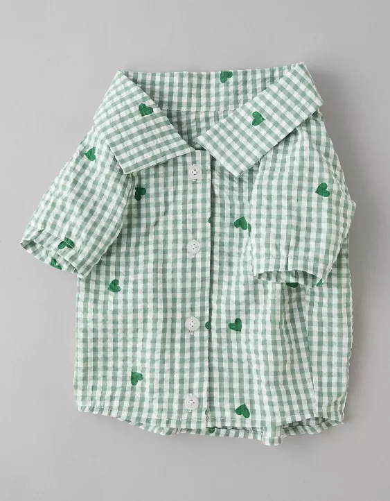 Aeo ABO Gingham Hearts Button-Up Dog Shirt