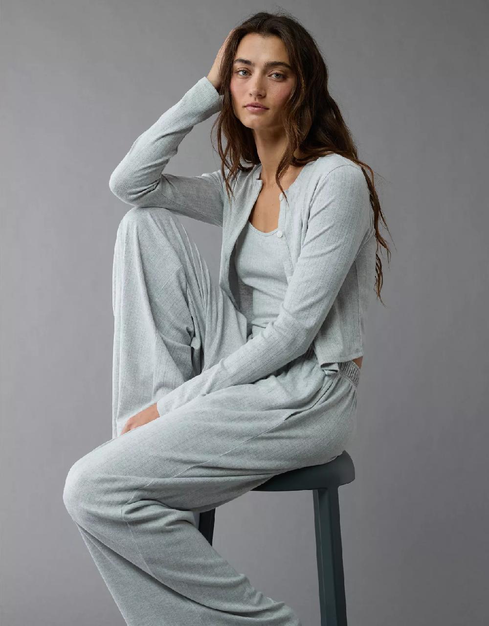 aeo AE 3-Piece Pointelle Plush Cardigan Pajama Set
