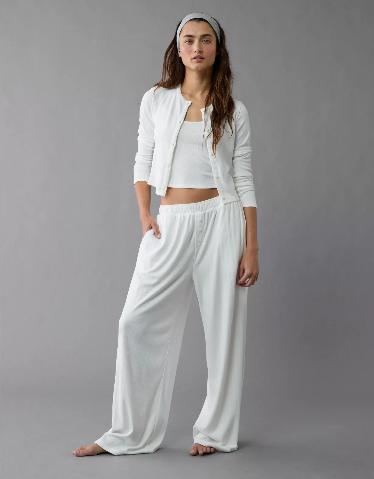 aeo AE 3-Piece Pointelle Plush Cardigan Pajama Set