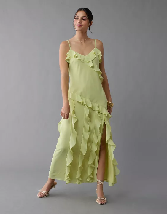 Aeo AE Asymmetrical Ruffle Maxi Slip Dress