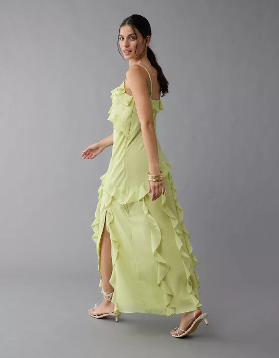 Aeo AE Asymmetrical Ruffle Maxi Slip Dress