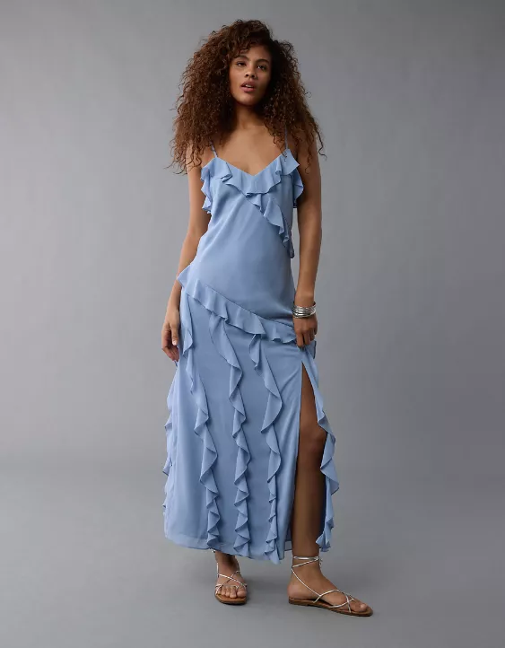 Aeo AE Asymmetrical Ruffle Maxi Slip Dress