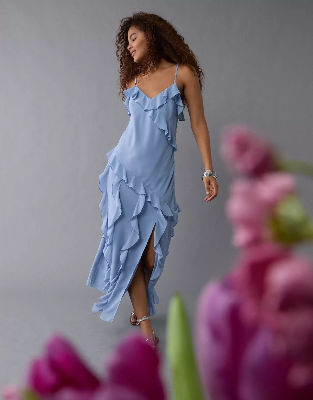 Aeo AE Asymmetrical Ruffle Maxi Slip Dress
