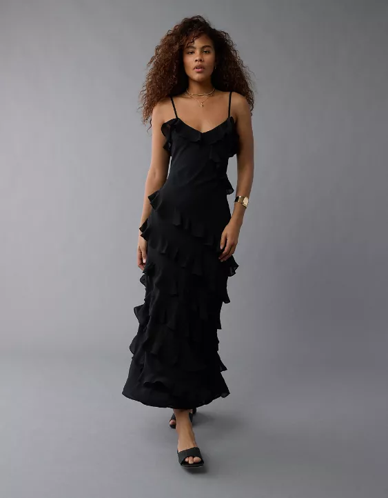 Aeo AE Asymmetrical Ruffle Maxi Slip Dress