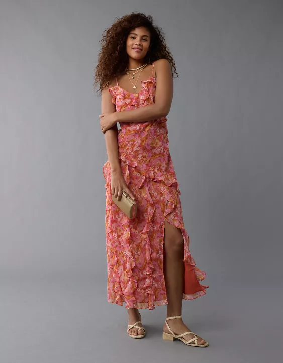 Aeo AE Asymmetrical Ruffle Maxi Slip Dress