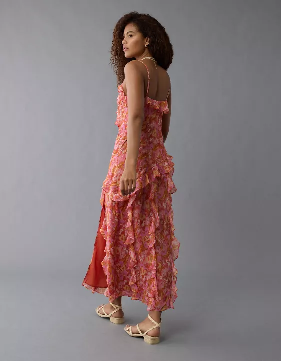 Aeo AE Asymmetrical Ruffle Maxi Slip Dress