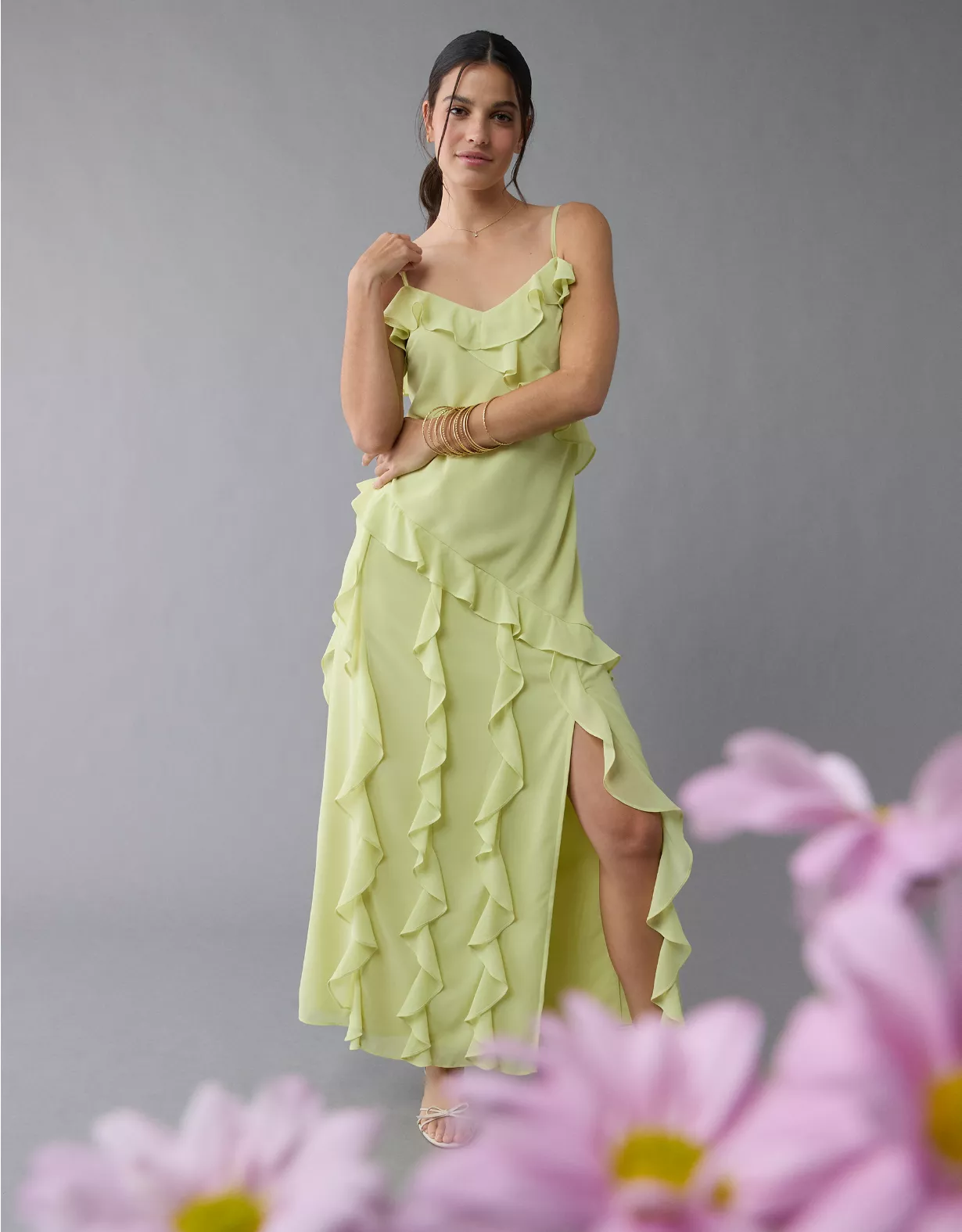 aeo AE Asymmetrical Ruffle Maxi Slip Dress