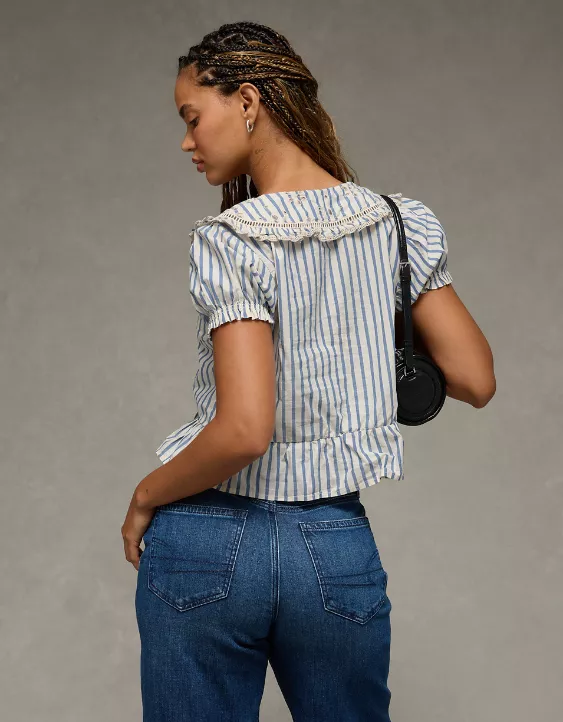 Aeo AE Collared Puff Sleeve Tie Front Blouse