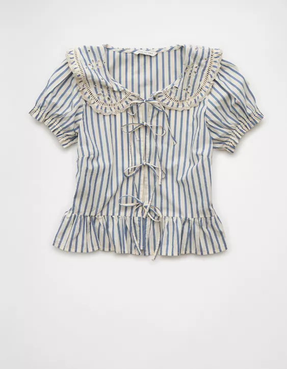 Aeo AE Collared Puff Sleeve Tie Front Blouse