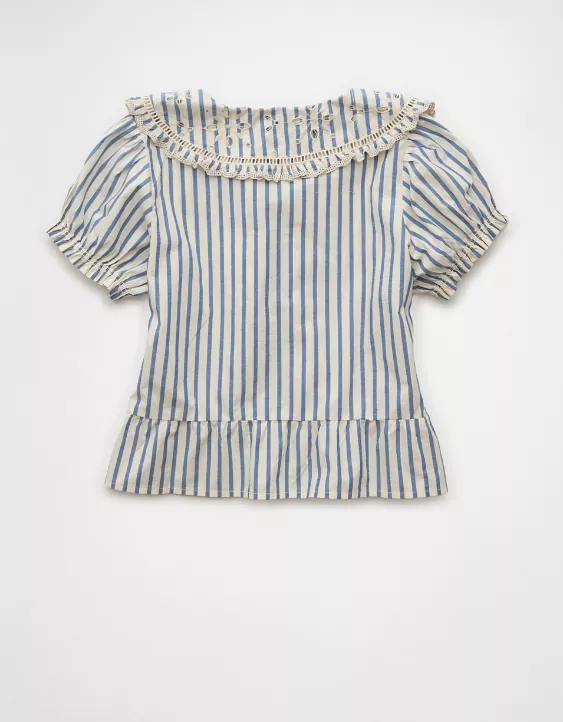 Aeo AE Collared Puff Sleeve Tie Front Blouse