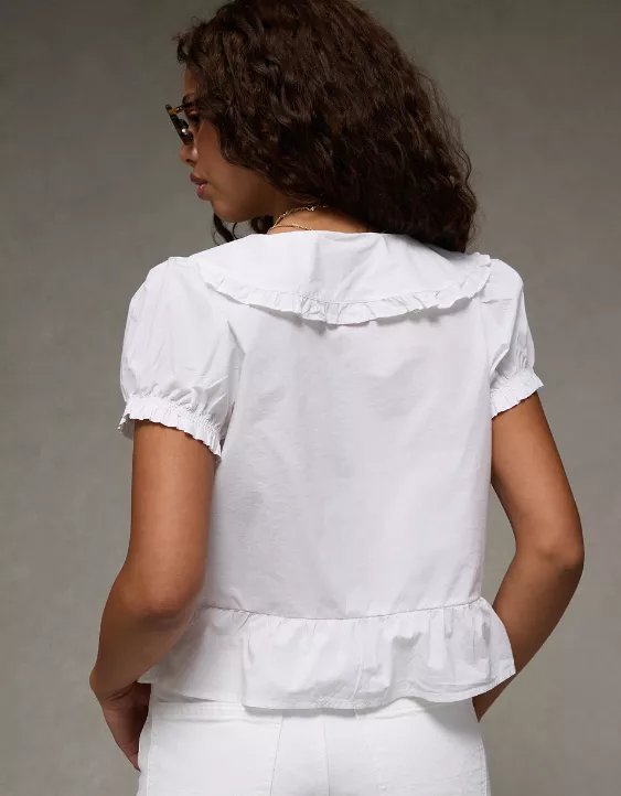 Aeo AE Collared Puff Sleeve Tie Front Blouse