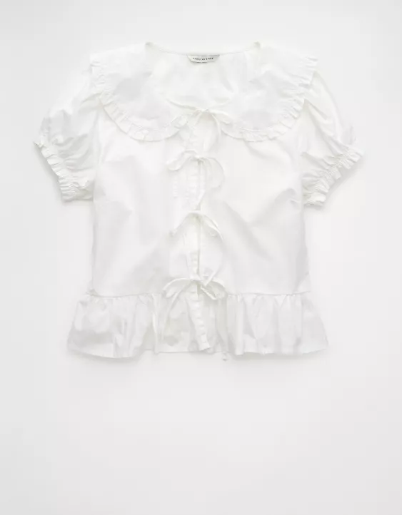 Aeo AE Collared Puff Sleeve Tie Front Blouse