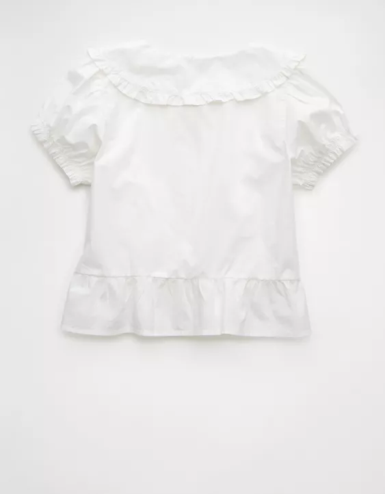 Aeo AE Collared Puff Sleeve Tie Front Blouse