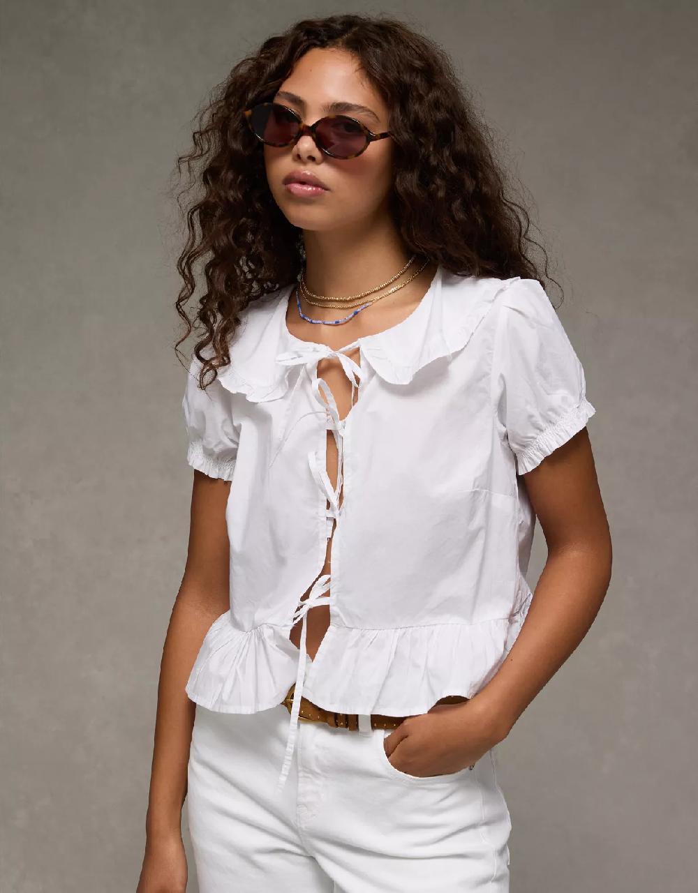 aeo AE Collared Puff Sleeve Tie Front Blouse