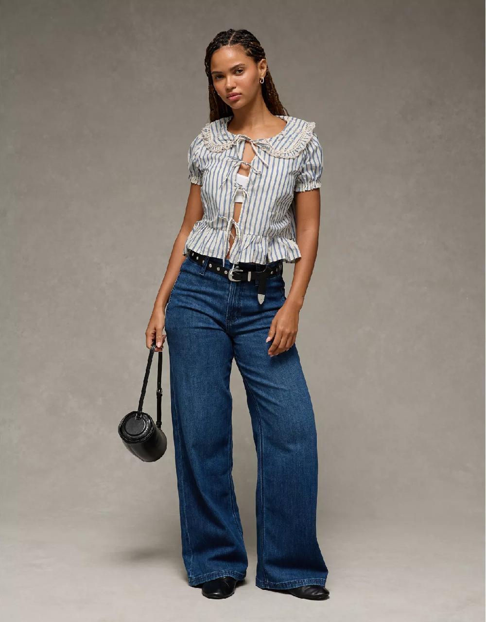 aeo AE Collared Puff Sleeve Tie Front Blouse