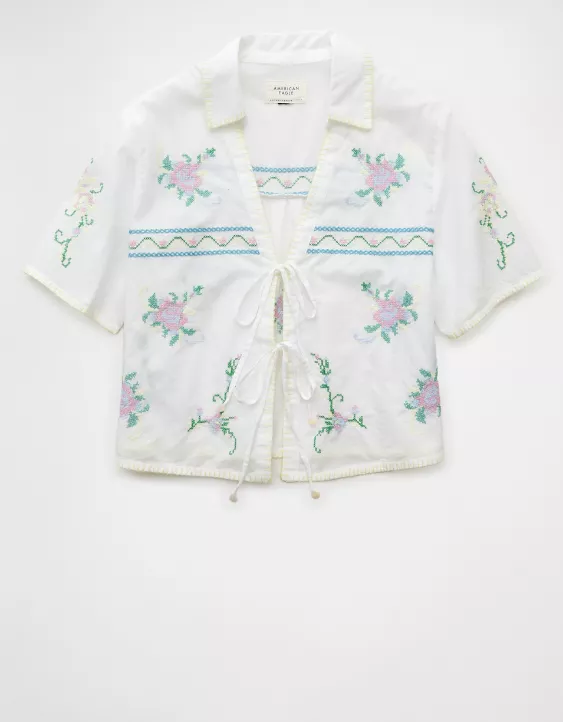 Aeo AE Collared Tie Front Embroidered Shirt
