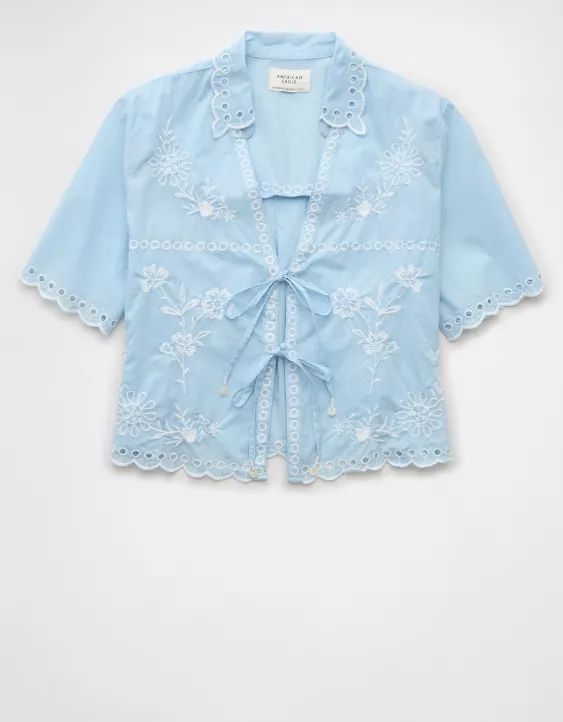 Aeo AE Collared Tie Front Embroidered Shirt
