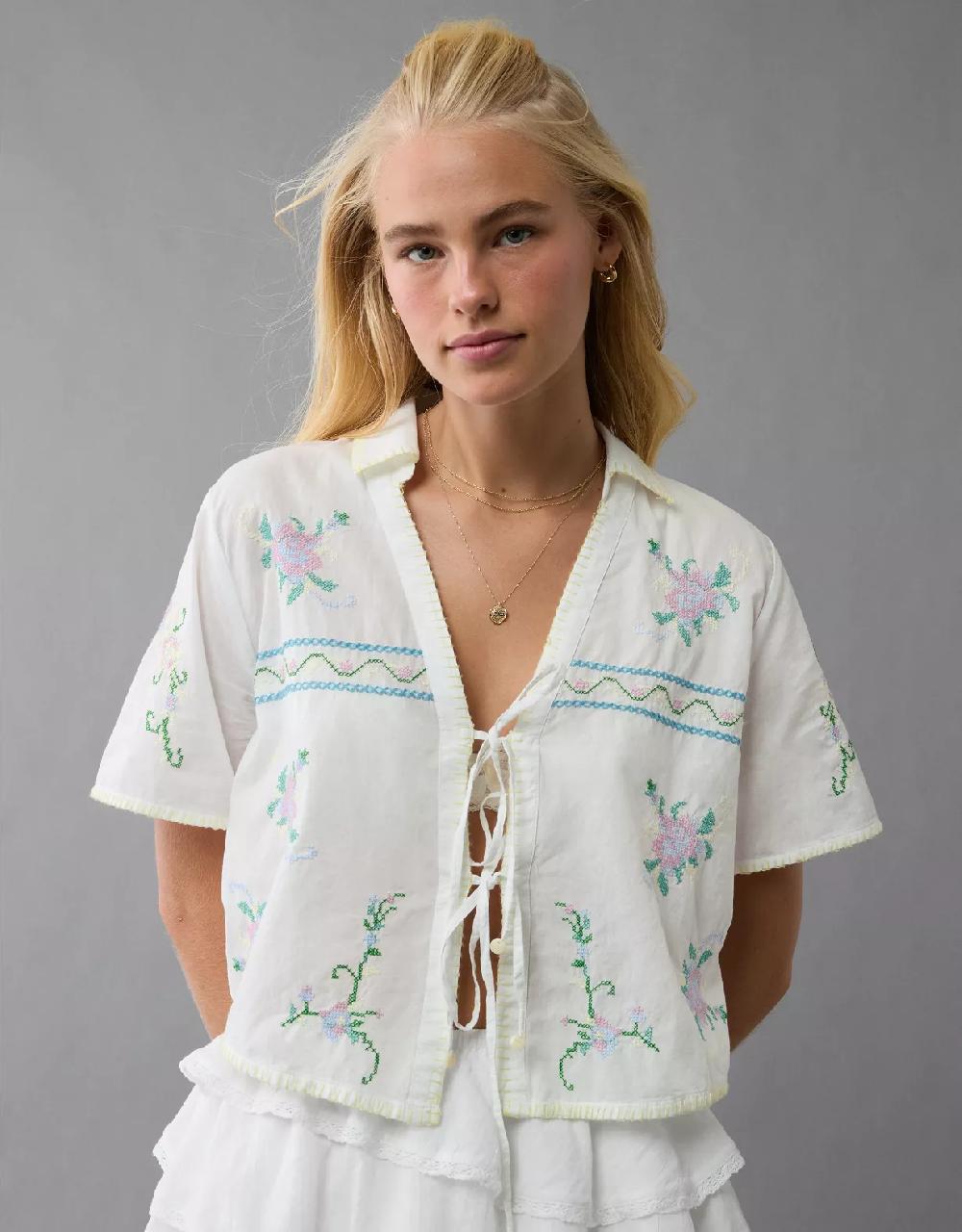 aeo AE Collared Tie Front Embroidered Shirt
