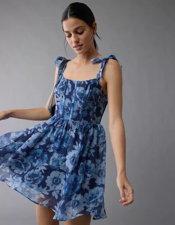 Aeo AE Corset Tie Strap Floral Mini Dress