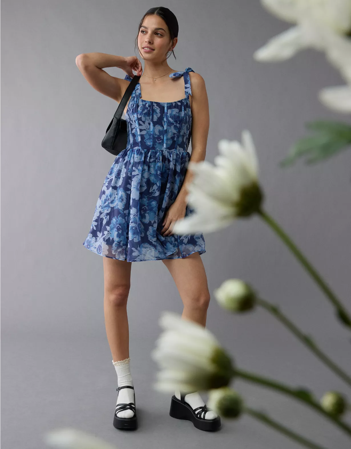 aeo AE Corset Tie Strap Floral Mini Dress