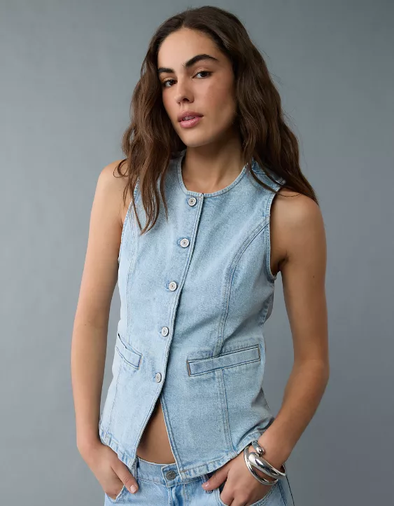Aeo AE Crew Neck Button-Up Denim Vest
