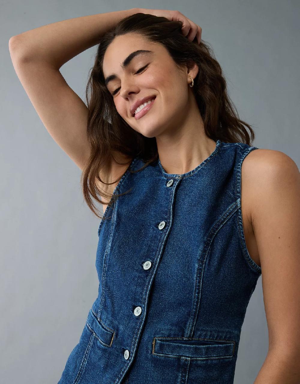 aeo AE Crew Neck Button-Up Denim Vest