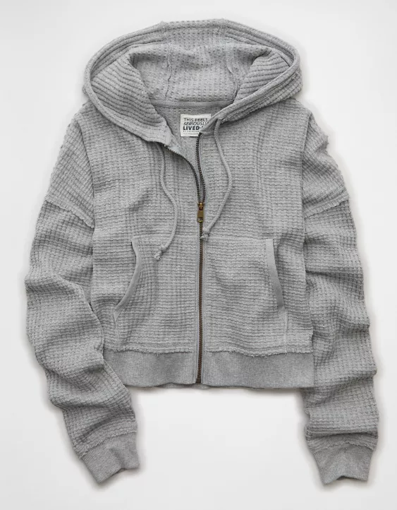 Aeo AE Cropped Waffle Zip-Up Hoodie