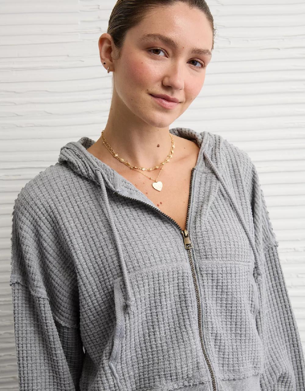aeo AE Cropped Waffle Zip-Up Hoodie