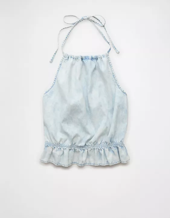 Aeo AE Denim High Neck Ruffle Halter Top