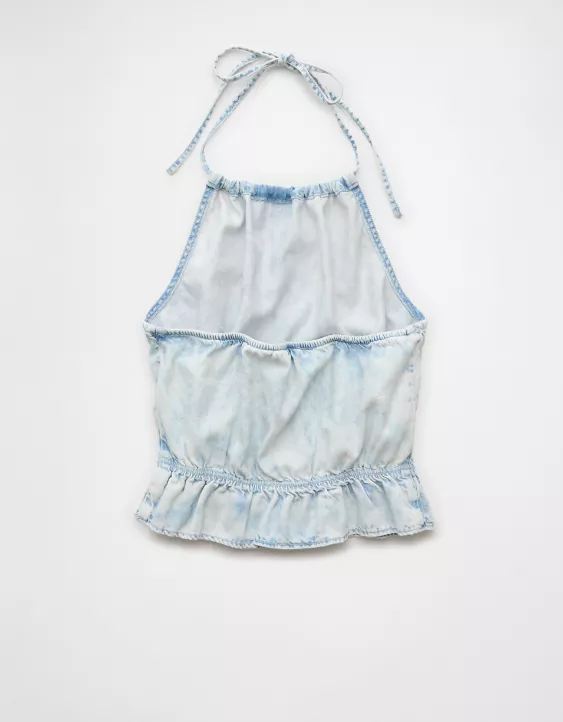 Aeo AE Denim High Neck Ruffle Halter Top
