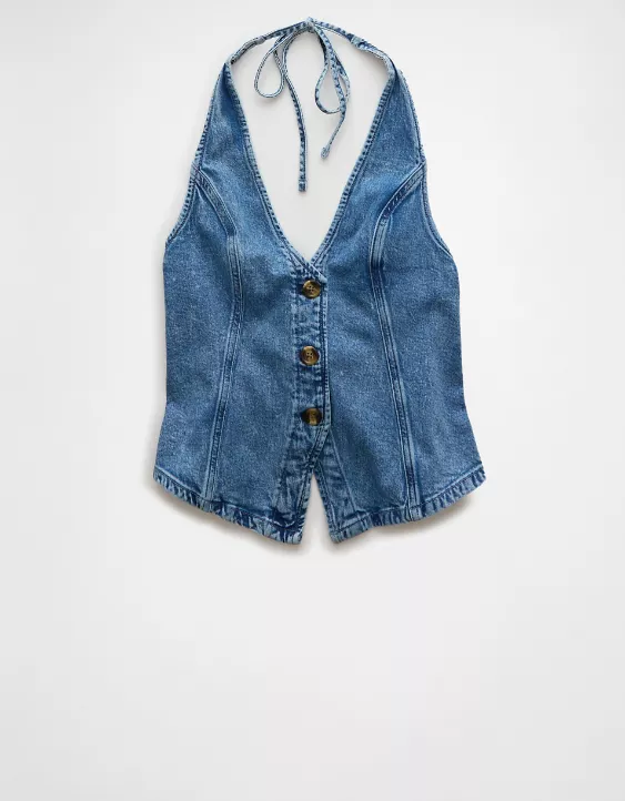 Aeo AE Denim V-Neck Halter Vest