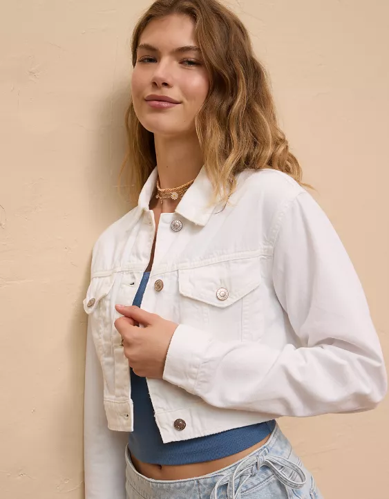 Aeo AE Dreamy Drape Super Cropped Denim Jacket