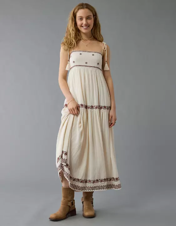 Aeo AE Empire Waist Embroidered Midi Dress