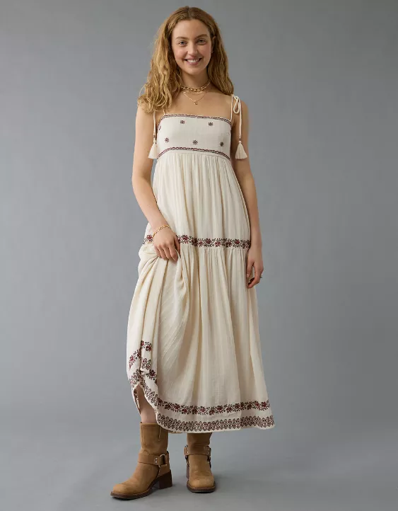 Aeo AE Empire Waist Embroidered Midi Dress