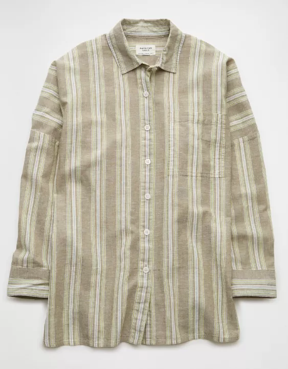 Aeo AE Go Big Linen-Blend Oversized Striped Shirt