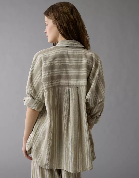 Aeo AE Go Big Linen-Blend Oversized Striped Shirt